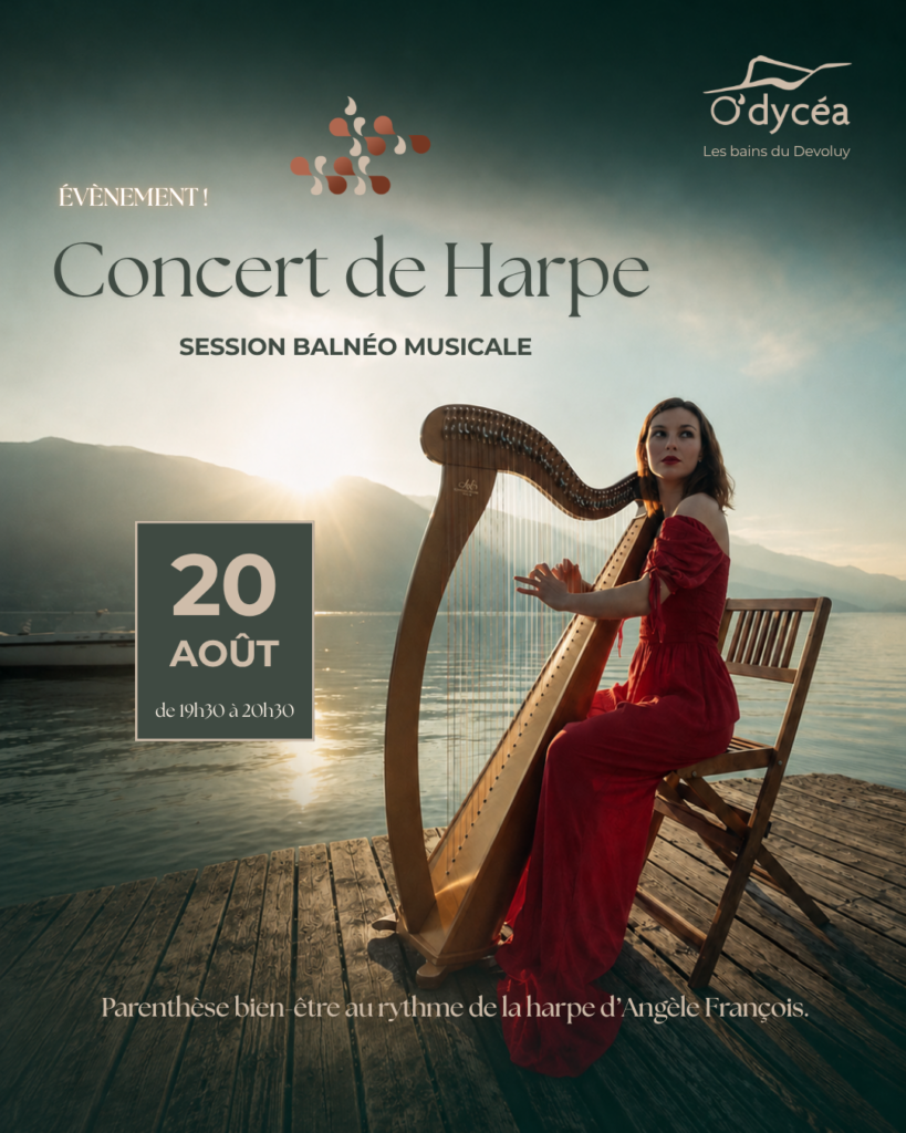 Affiche pour un concert de harpe le 20 août, avec une harpiste en robe rouge sur un ponton au bord d'un lac.