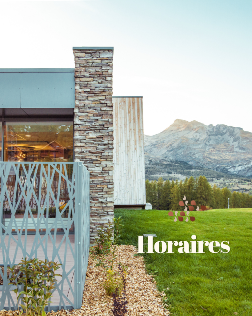 Une maison moderne avec une cheminée en pierre face à un paysage montagneux et une pelouse verte.