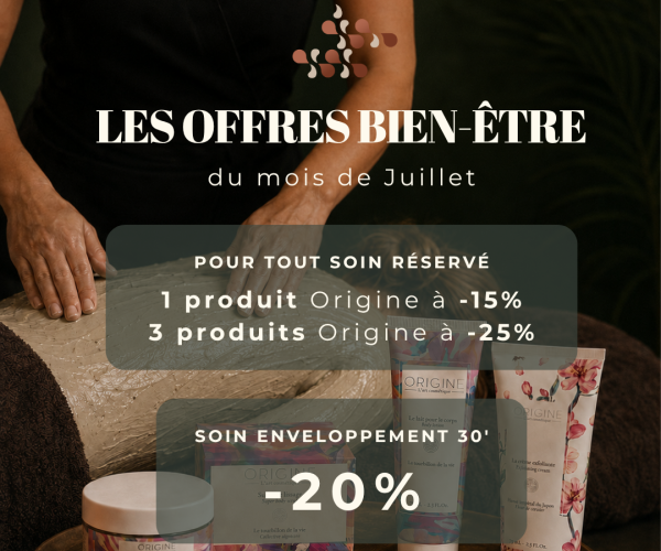 soin enveloppement et produits origine cosmétiques en promotion ce mois de juillet