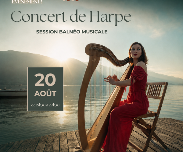 Affiche pour un concert de harpe le 20 août, avec une harpiste en robe rouge sur un ponton au bord d'un lac.