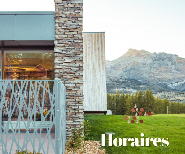 Une maison moderne avec une cheminée en pierre face à un paysage montagneux et une pelouse verte.